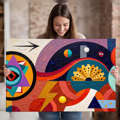 Bold boho geometric painting canvas wall art held in hands