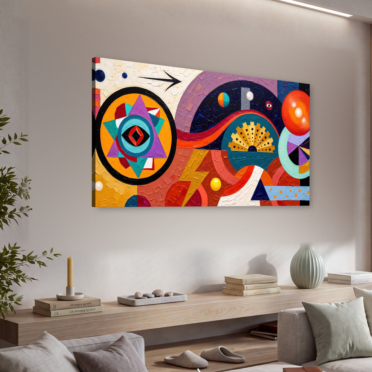 Bold boho geometric painting canvas wall art in a living room above a console