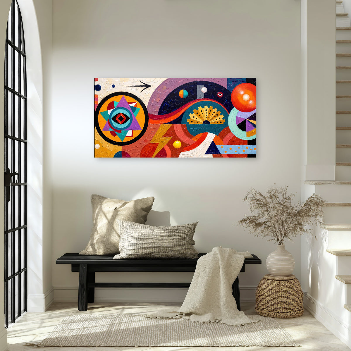 Bold boho geometric painting canvas wall art in an entryway above a bench