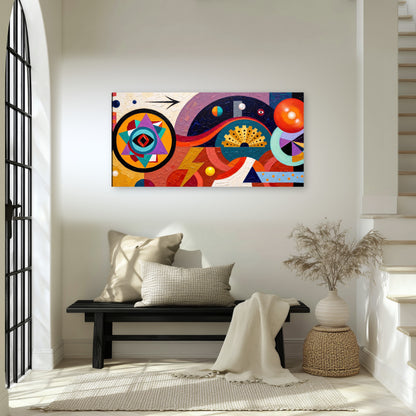 Bold boho geometric painting canvas wall art in an entryway above a bench