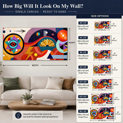 Bold boho geometric painting canvas wall art size guide above a sofa