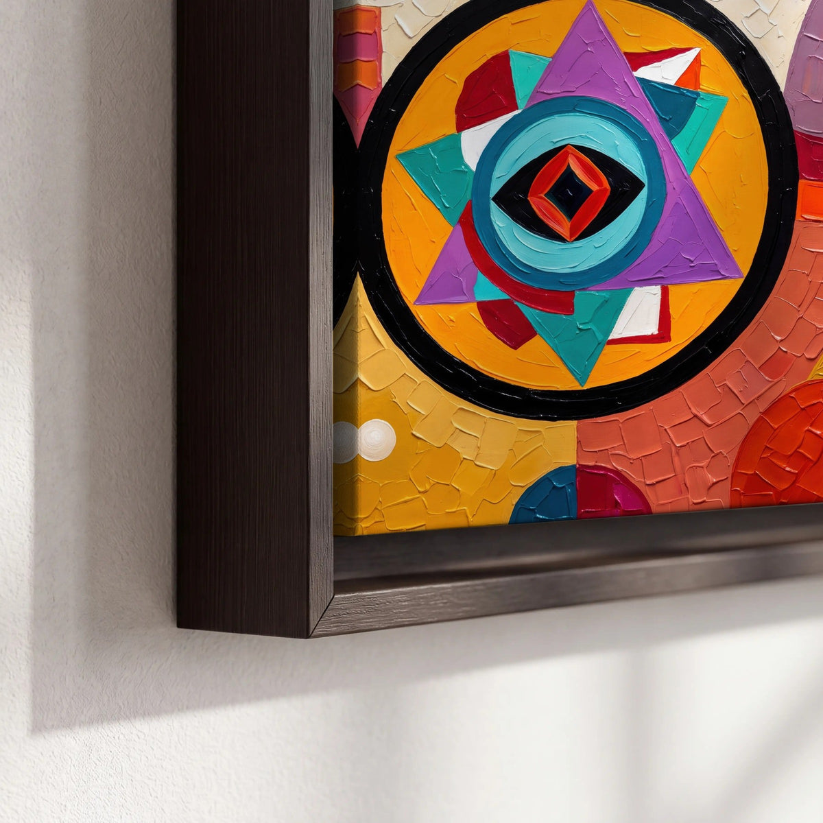 Bold boho geometric painting framed canvas close-up showing the floating frame