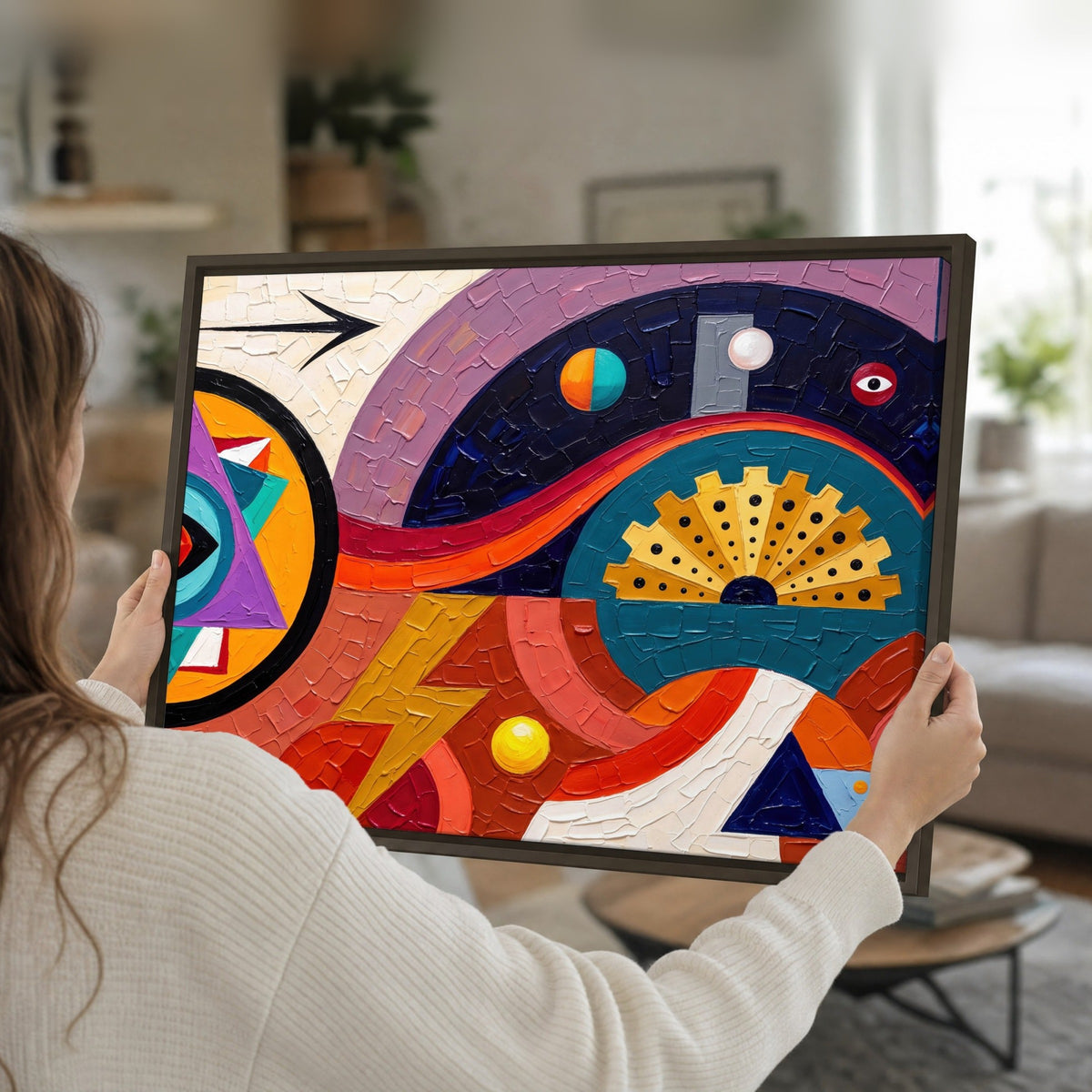 Bold boho geometric painting framed canvas held in hands