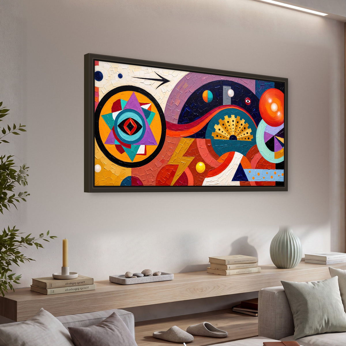 Bold boho geometric painting framed canvas wall art in a living room above a console