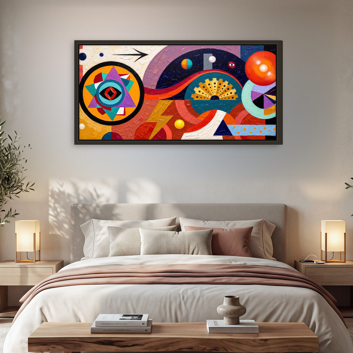 Bold boho geometric painting framed canvas wall art in a bedroom above the bed