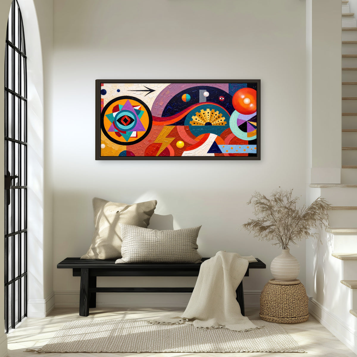 Bold boho geometric painting framed canvas wall art in an entryway above a bench