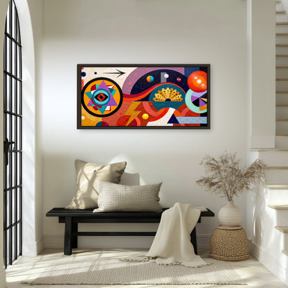 Bold boho geometric painting framed canvas wall art in an entryway above a bench