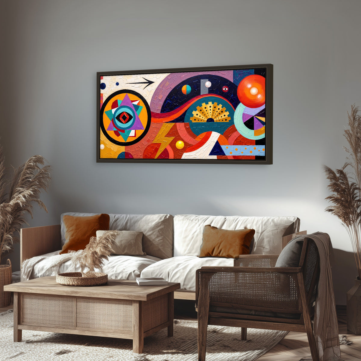 Bold boho geometric painting framed canvas wall art in a rustic living room