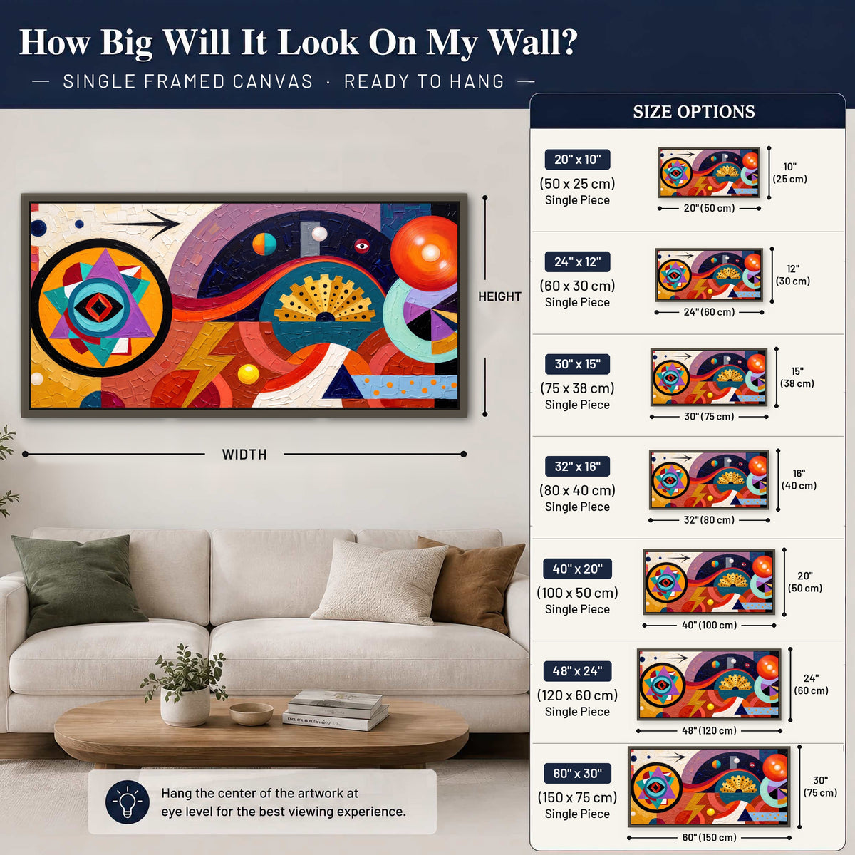 Bold boho geometric painting framed canvas wall art size guide above a sofa