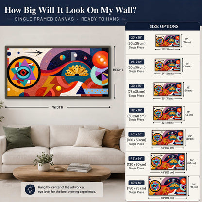 Bold boho geometric painting framed canvas wall art size guide above a sofa