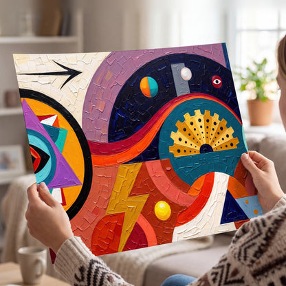 Bold boho geometric painting poster print held in hands