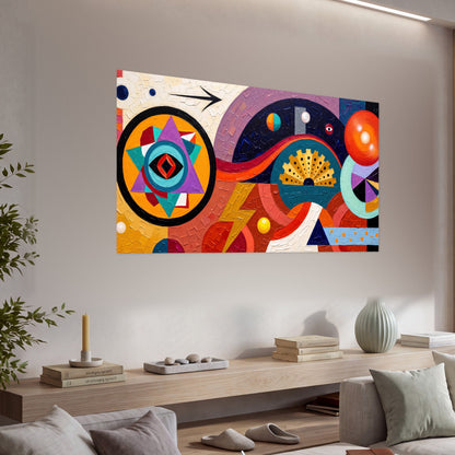 Bold boho geometric painting poster print in a living room above a console