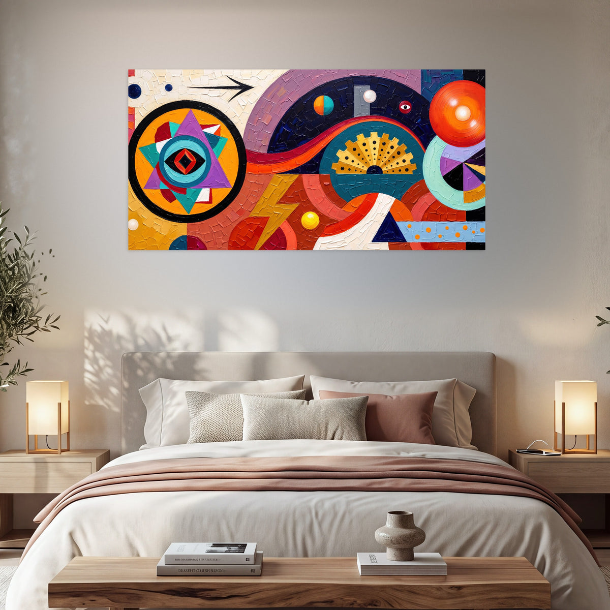 Bold boho geometric painting poster print in a bedroom above the bed