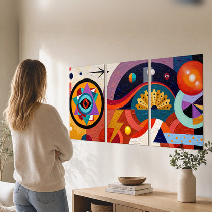 Bold boho geometric painting set of 3 poster prints in a living room