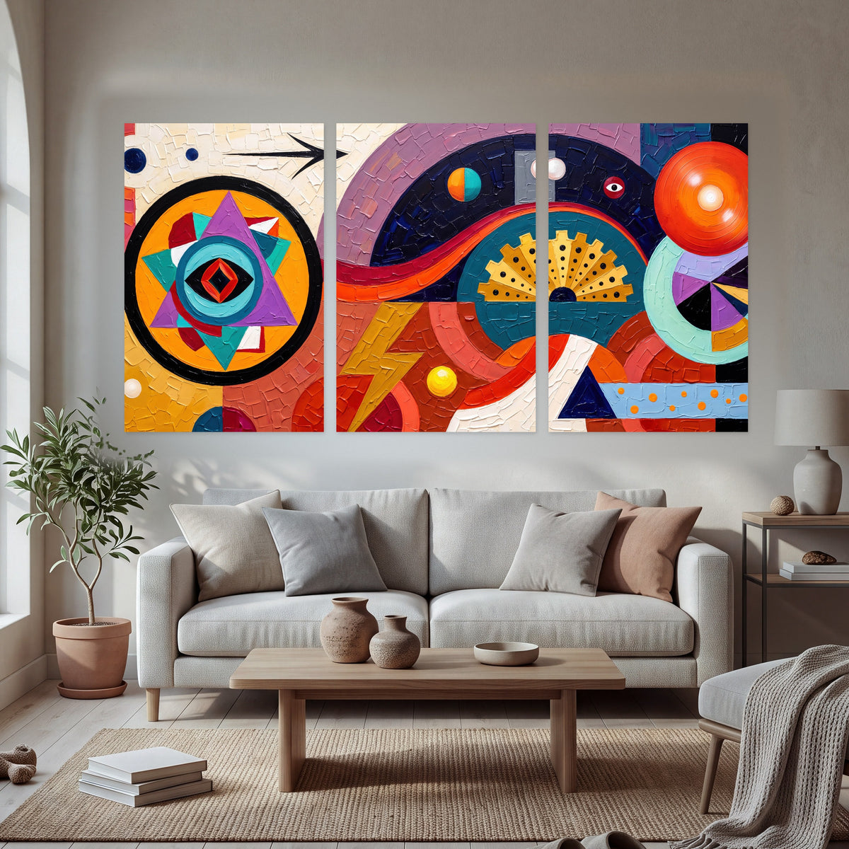 Bold boho geometric painting set of 3 poster prints in a bright living room