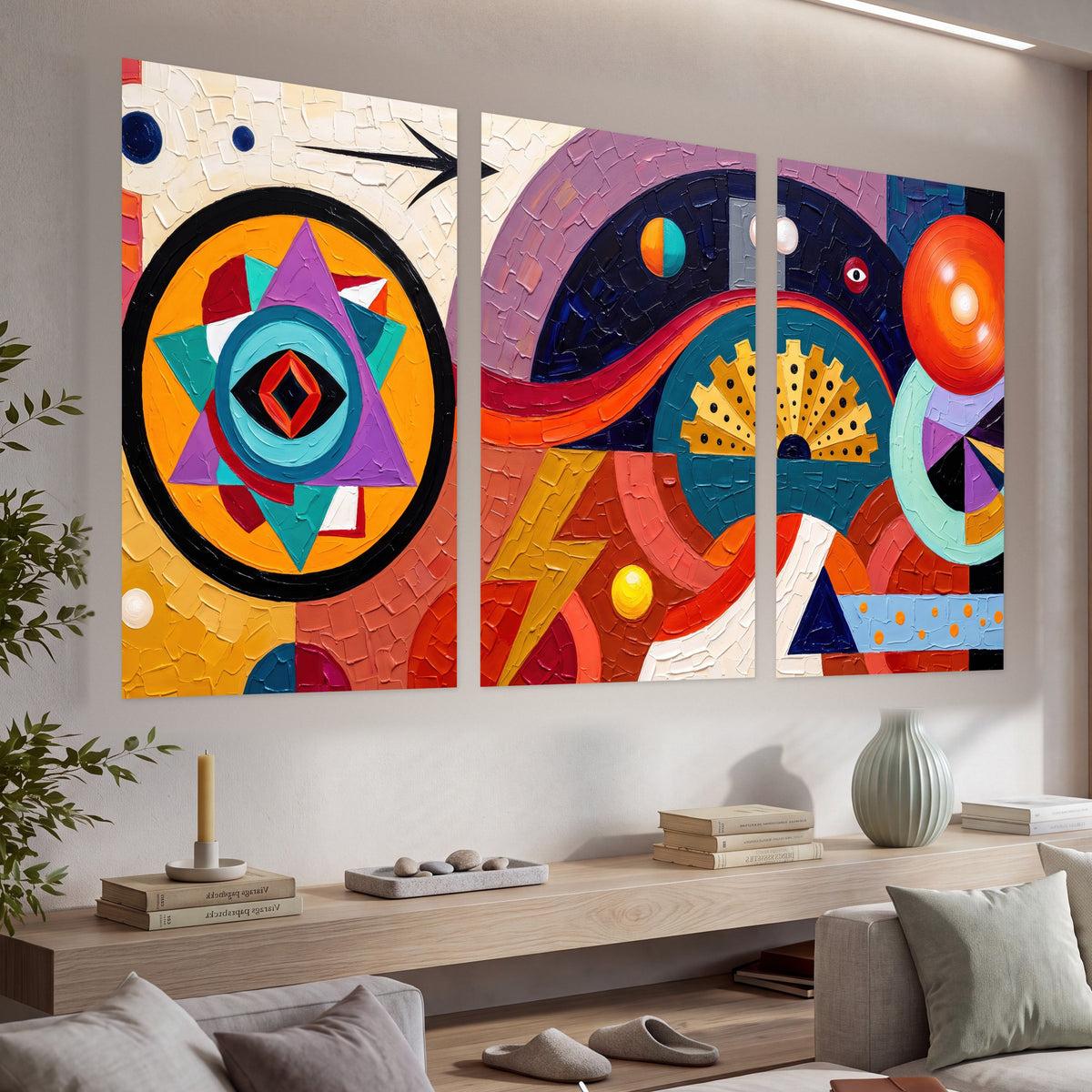 Bold boho geometric painting set of 3 poster prints in a living room above a console
