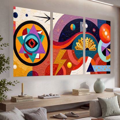Bold boho geometric painting set of 3 poster prints in a living room above a console