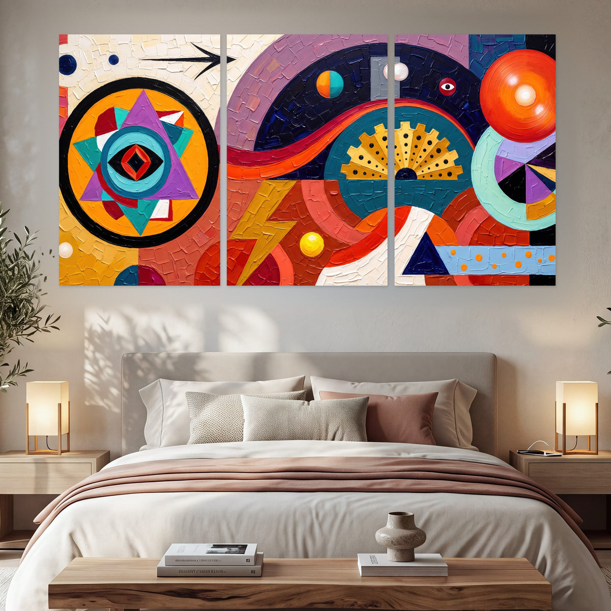 Bold boho geometric painting set of 3 poster prints in a bedroom above the bed