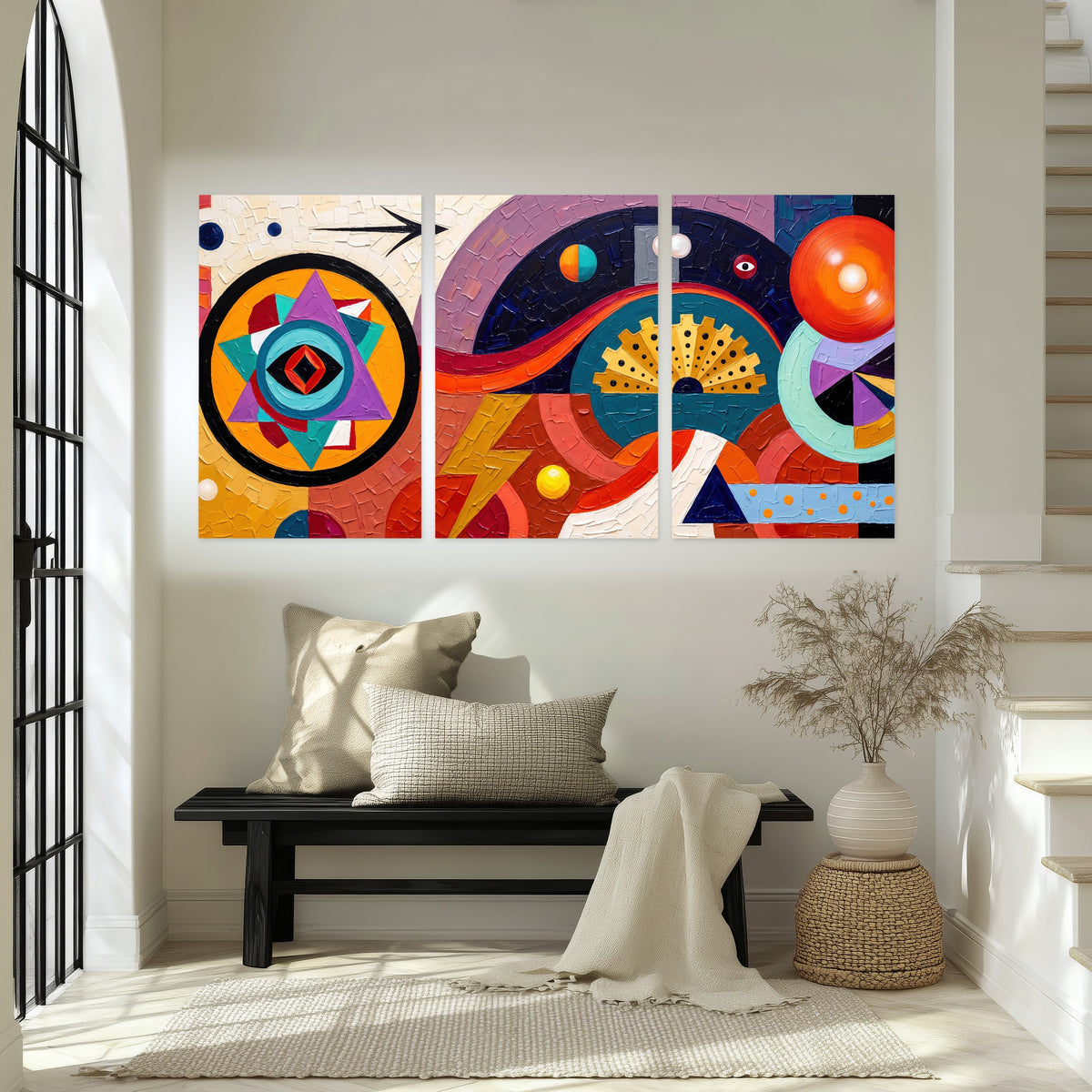 Bold boho geometric painting set of 3 poster prints in an entryway above a bench