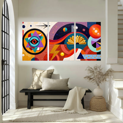 Bold boho geometric painting set of 3 poster prints in an entryway above a bench