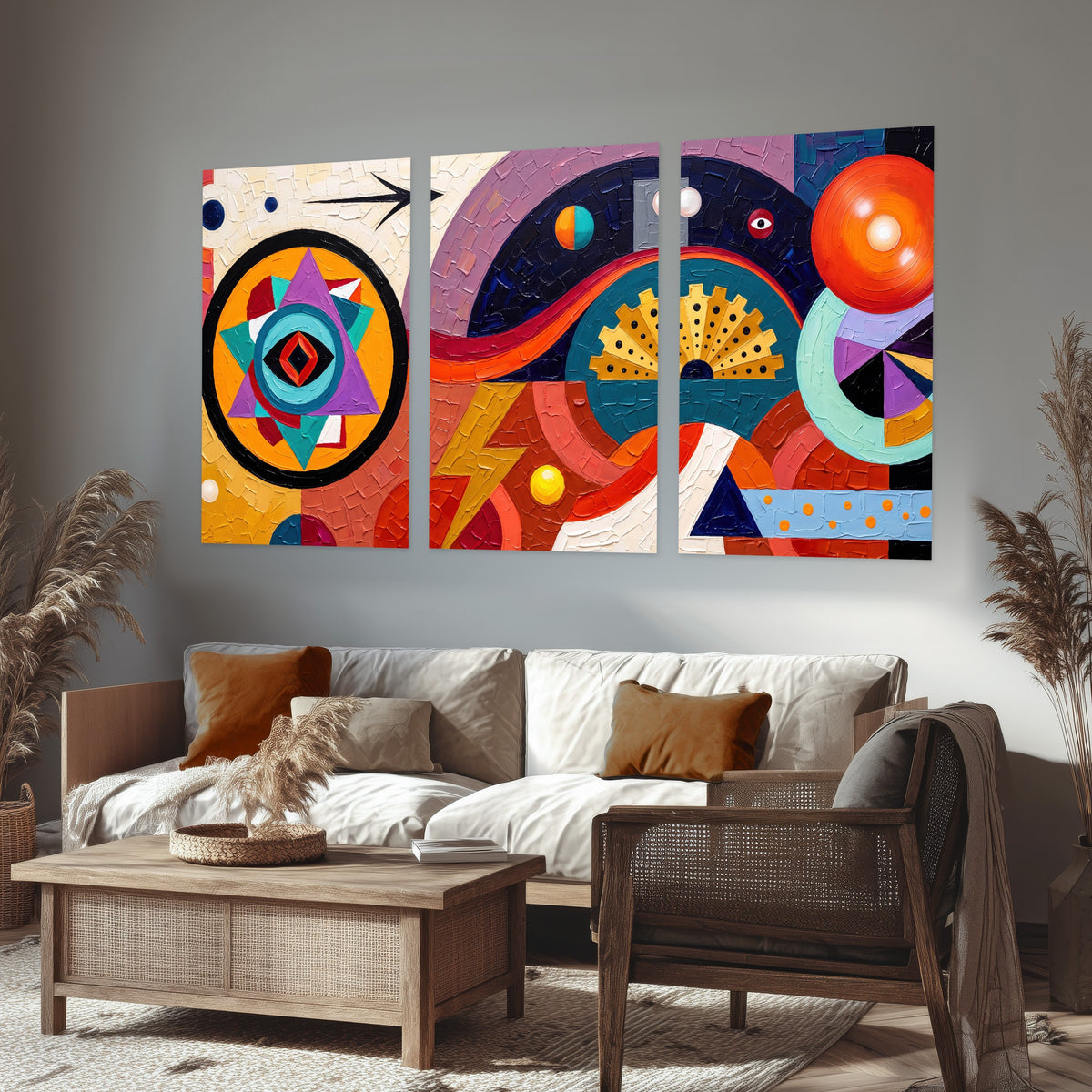 Bold boho geometric painting set of 3 poster prints in a rustic living room