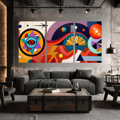 Bold boho geometric painting set of 3 poster prints in an industrial loft