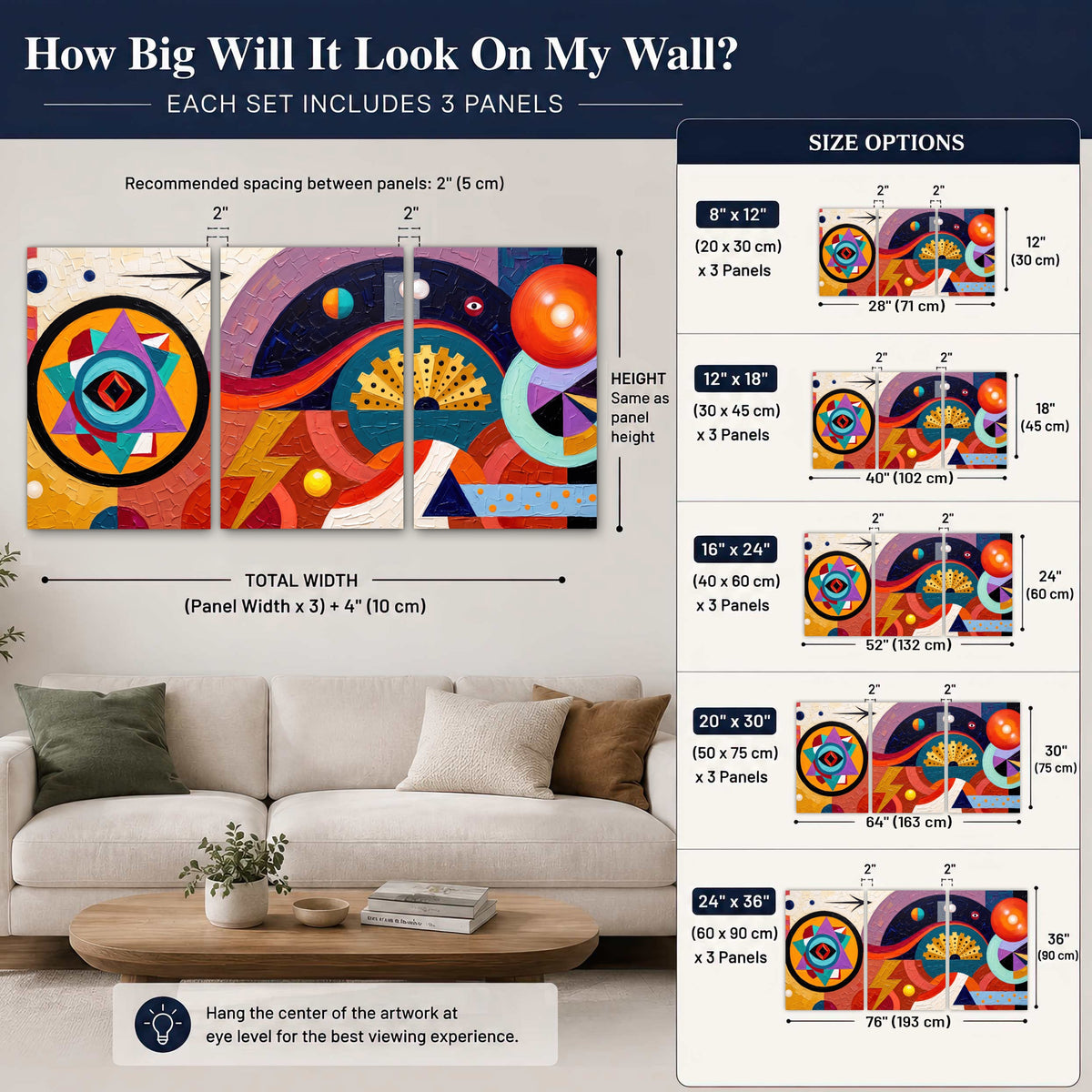 Bold boho geometric painting set of 3 poster prints size guide above a sofa