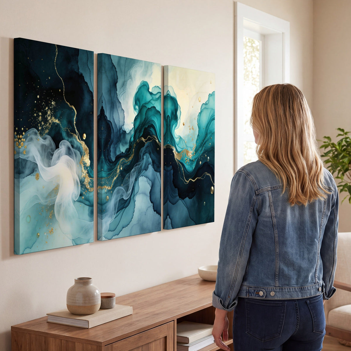 Teal and gold abstract painting 3 piece canvas wall art in a living room