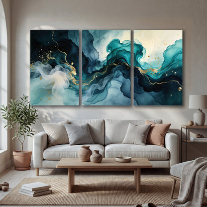 Teal and gold abstract painting 3 piece canvas wall art in a bright living room