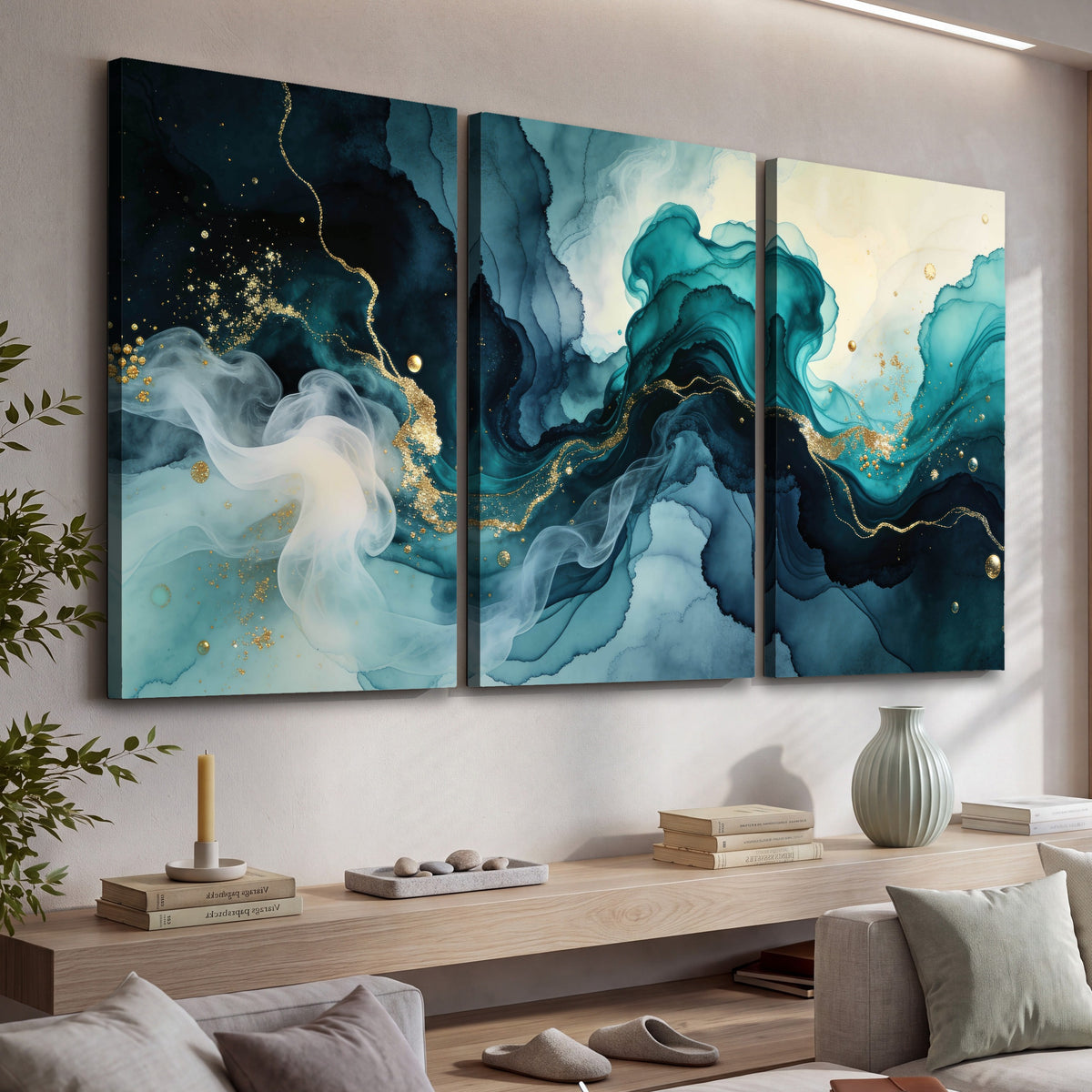 Teal and gold abstract painting 3 piece canvas wall art in a living room above a console