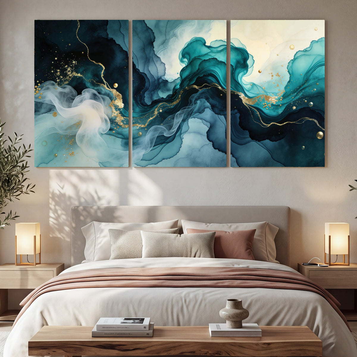Teal and gold abstract painting 3 piece canvas wall art in a bedroom above the bed