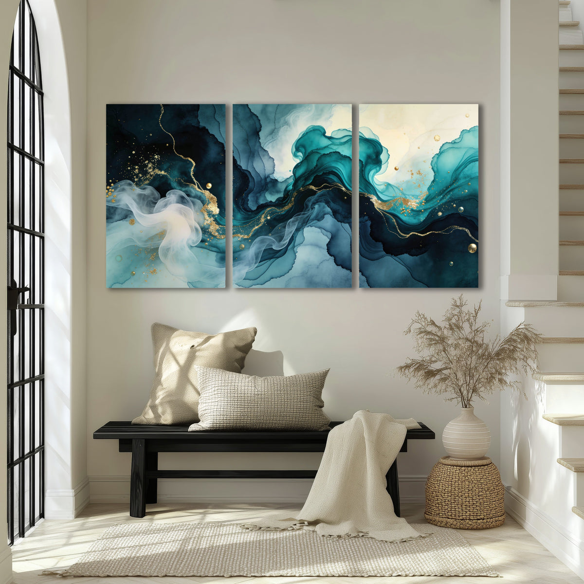Teal and gold abstract painting 3 piece canvas wall art in an entryway above a bench