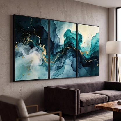Teal and gold abstract painting 3 piece canvas wall art in a modern living room