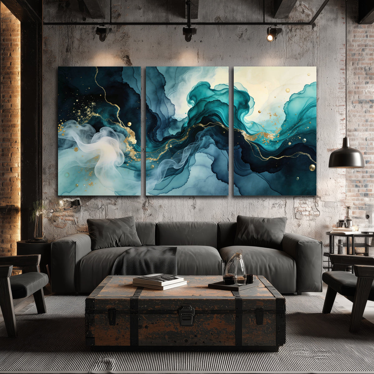 Teal and gold abstract painting 3 piece canvas wall art in an industrial loft