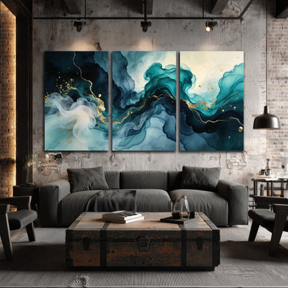 Teal and gold abstract painting 3 piece canvas wall art in an industrial loft