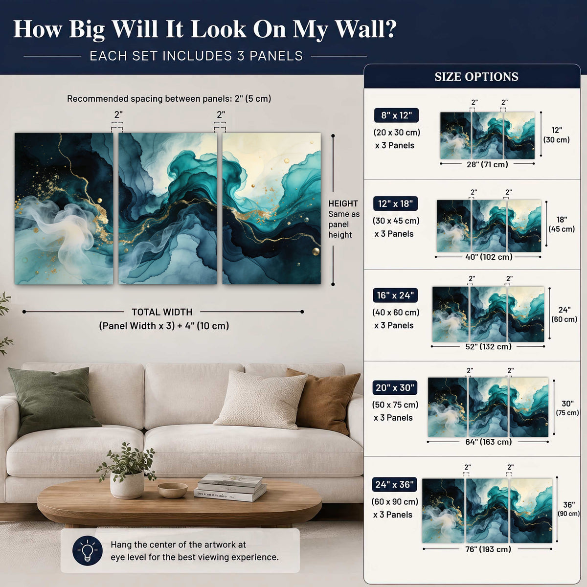 Teal and gold abstract painting 3 piece canvas wall art size guide above a sofa