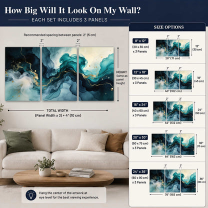 Teal and gold abstract painting 3 piece canvas wall art size guide above a sofa