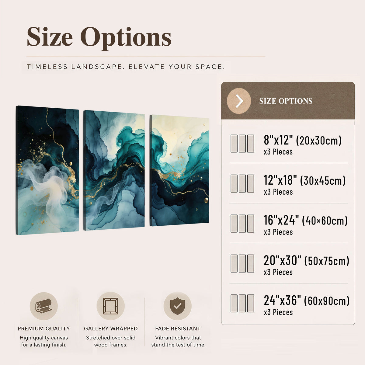 Teal and gold abstract painting 3 piece canvas wall art size options