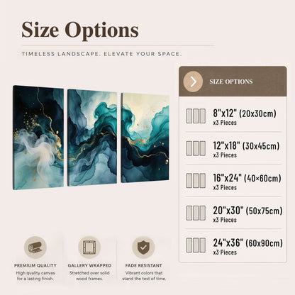 Teal and gold abstract painting 3 piece canvas wall art size options