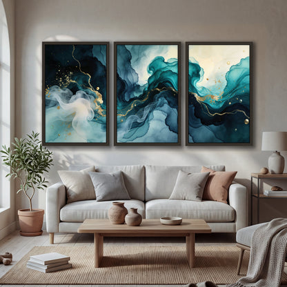 Teal and gold abstract painting 3 piece framed canvas in a bright living room