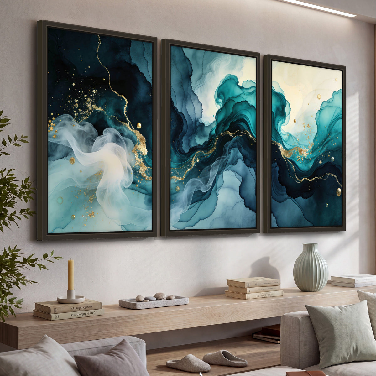 Teal and gold abstract painting 3 piece framed canvas in a living room above a console