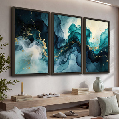 Teal and gold abstract painting 3 piece framed canvas in a living room above a console