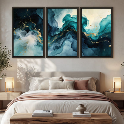 Teal and gold abstract painting 3 piece framed canvas in a bedroom above the bed