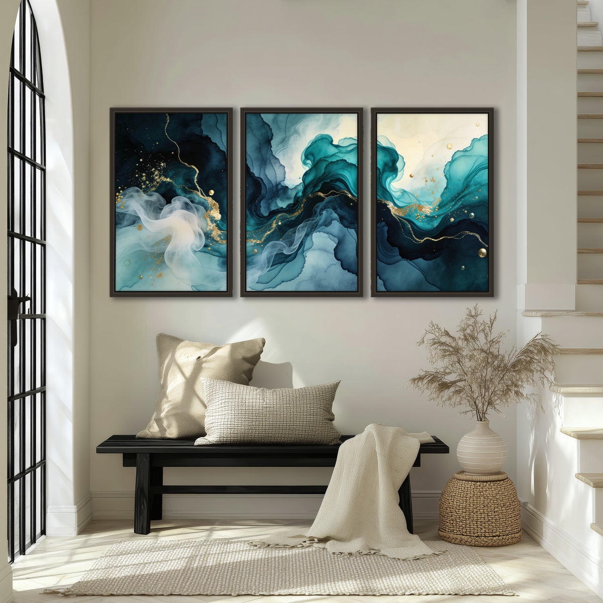 Teal and gold abstract painting 3 piece framed canvas in an entryway above a bench