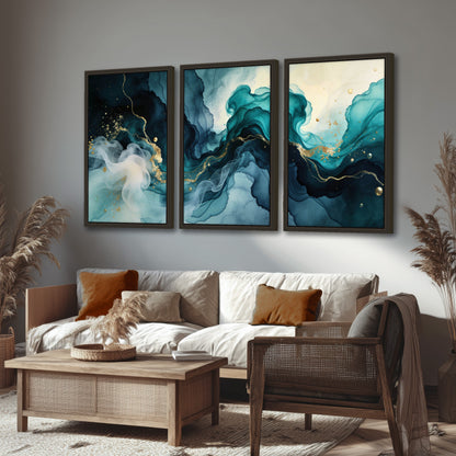 Teal and gold abstract painting 3 piece framed canvas in a rustic living room
