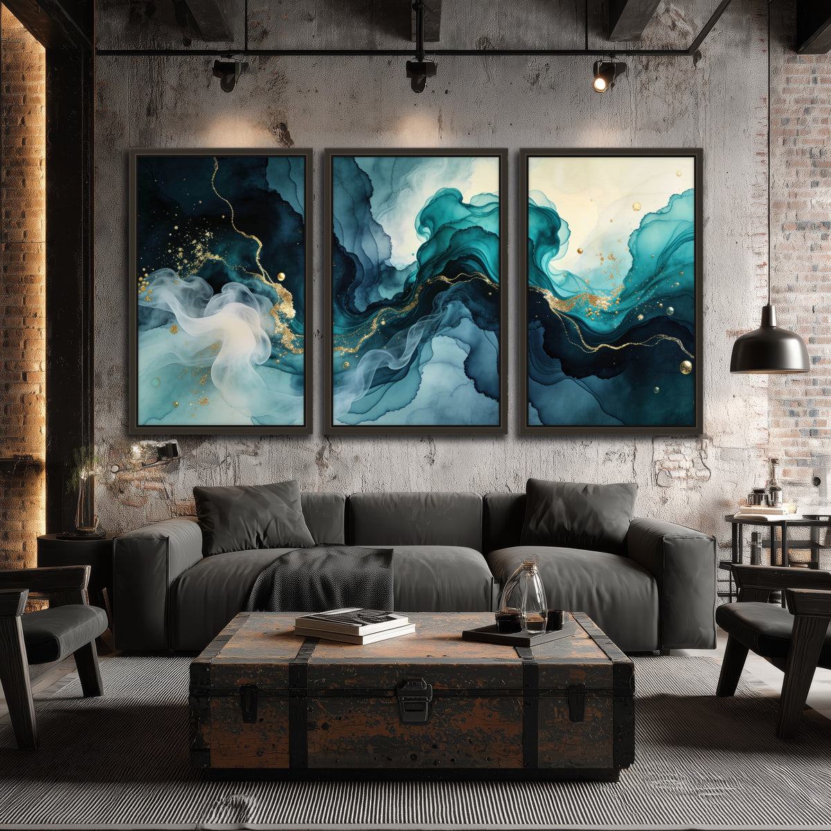 Teal and gold abstract painting 3 piece framed canvas in an industrial loft
