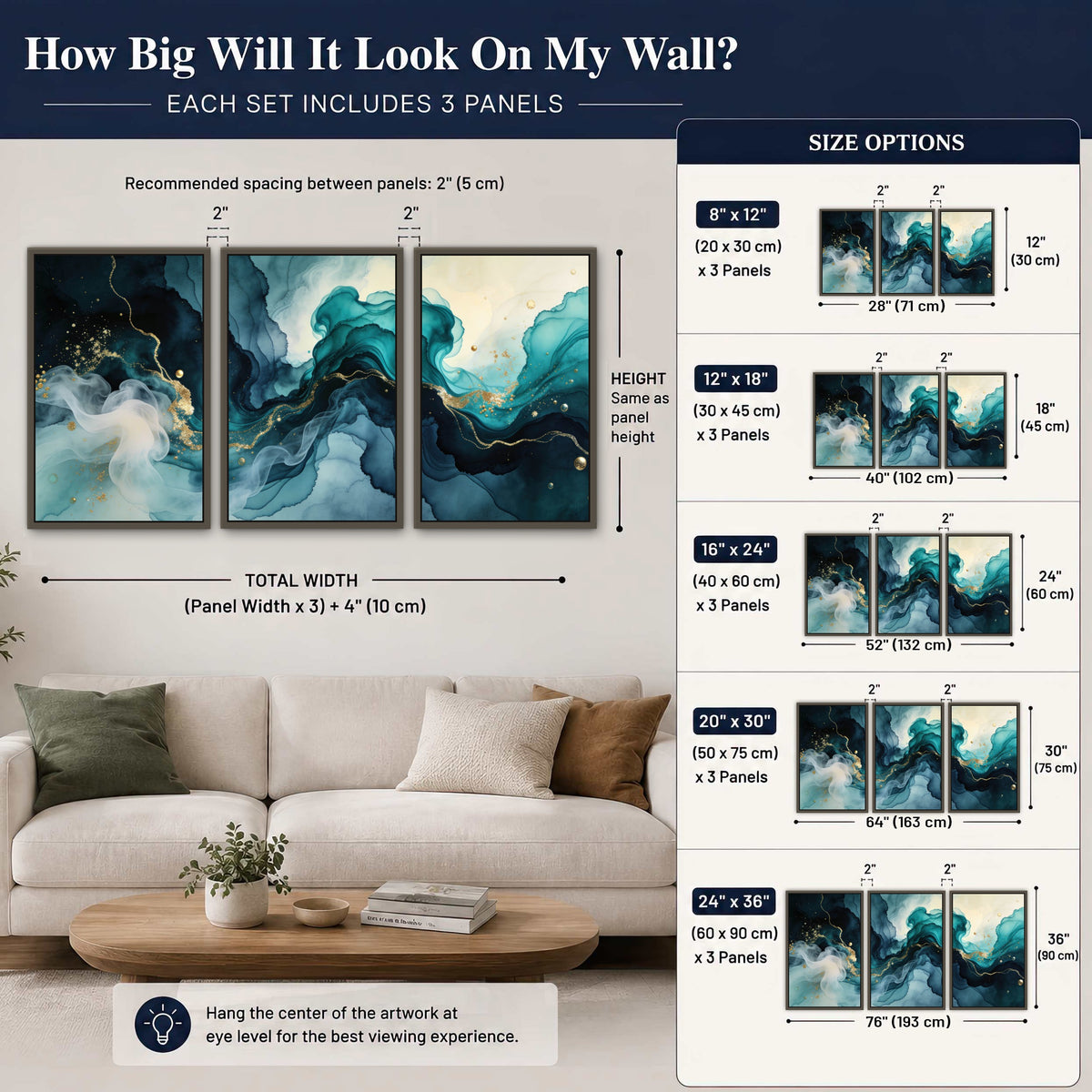 Teal and gold abstract painting 3 piece framed canvas size guide above a sofa