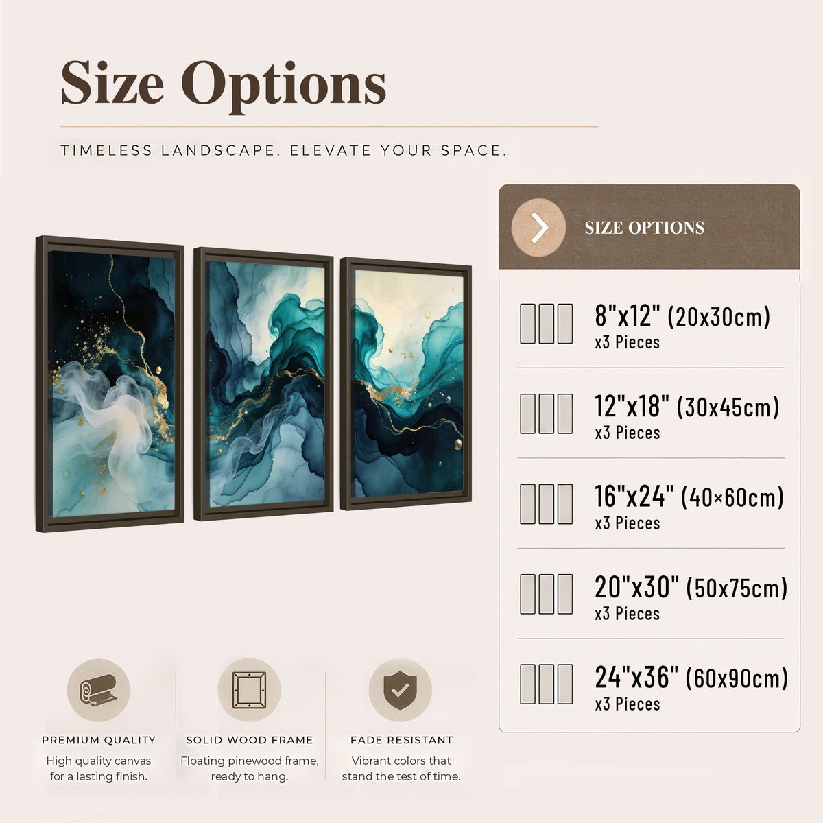 Teal and gold abstract painting 3 piece framed canvas size options
