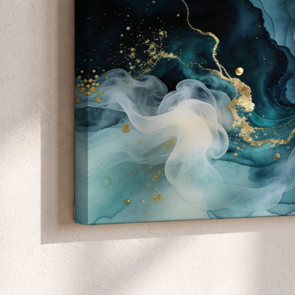 Teal and gold abstract painting canvas print close-up showing the gallery-wrapped edge
