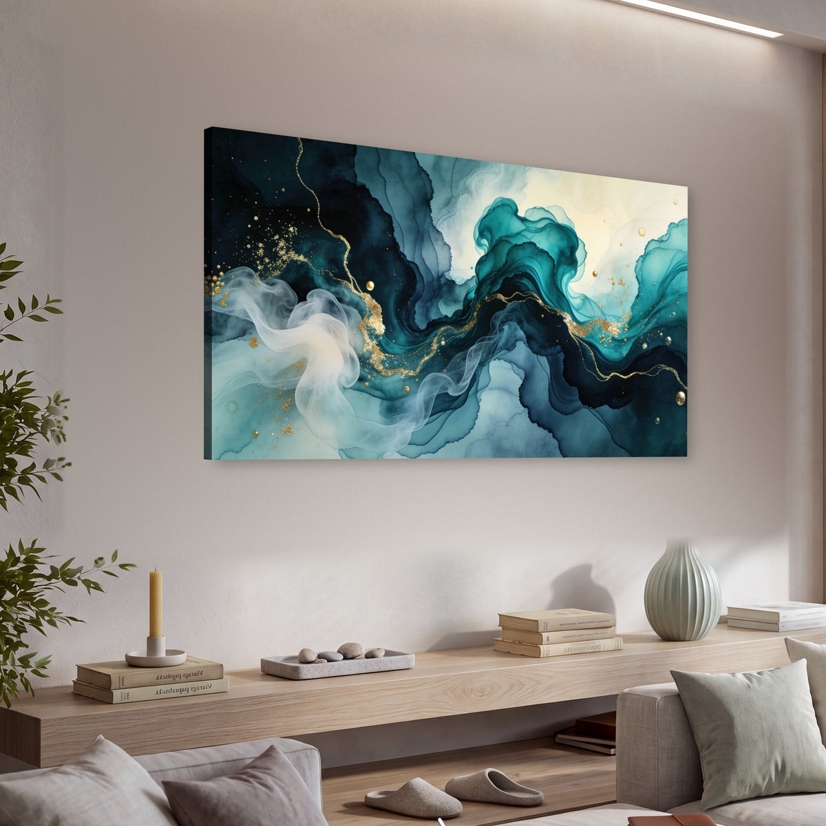 Teal and gold abstract painting canvas wall art in a living room above a console